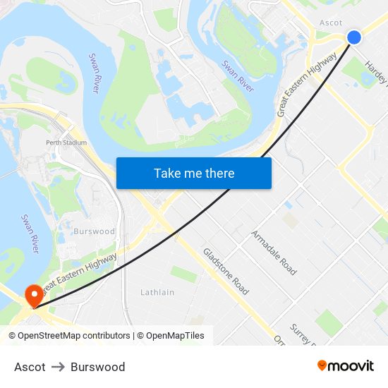 Ascot to Burswood map