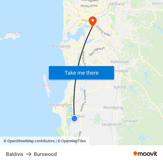 Baldivis to Burswood map