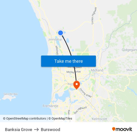 Banksia Grove to Burswood map