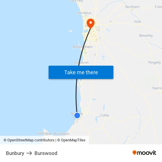 Bunbury to Burswood map
