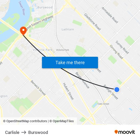 Carlisle to Burswood map