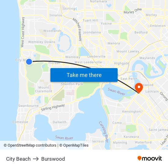 City Beach to Burswood map