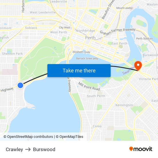 Crawley to Burswood map