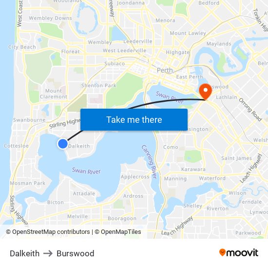 Dalkeith to Burswood map