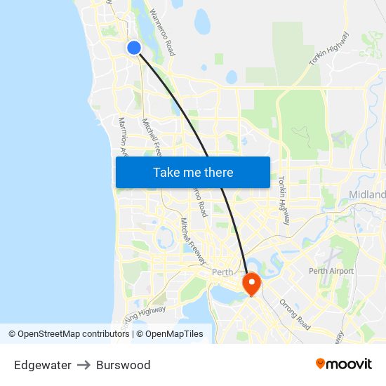 Edgewater to Burswood map