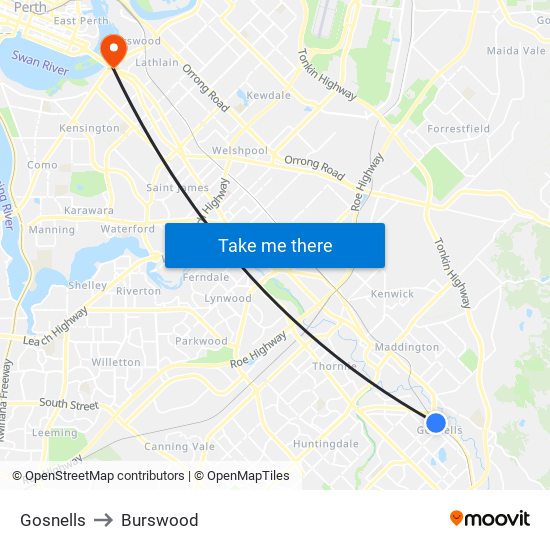 Gosnells to Burswood map