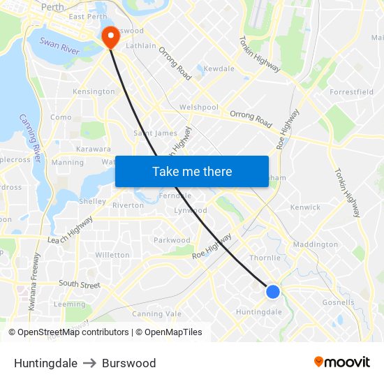 Huntingdale to Burswood map