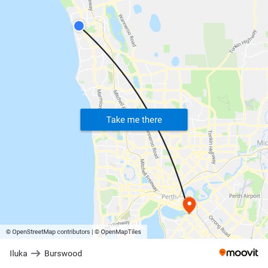 Iluka to Burswood map