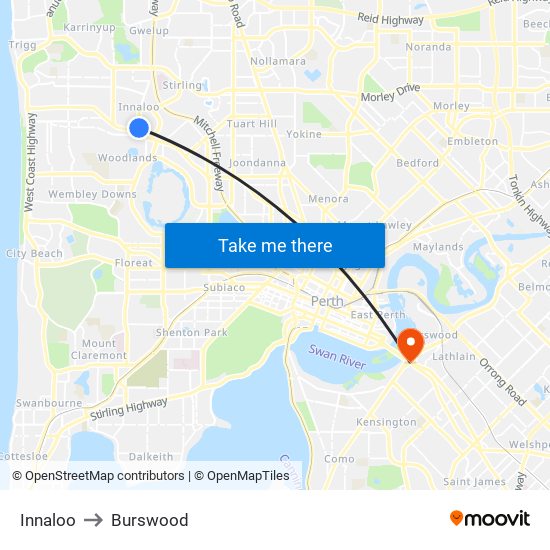 Innaloo to Burswood map