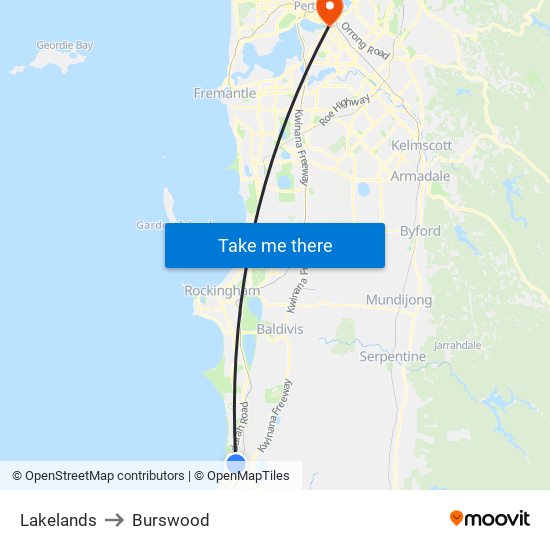 Lakelands to Burswood map