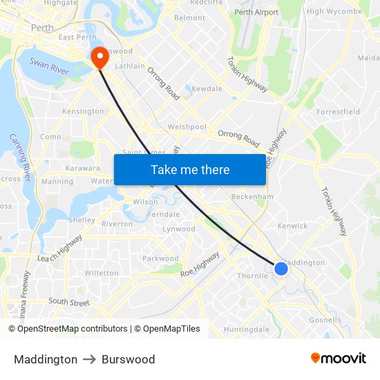 Maddington to Burswood map