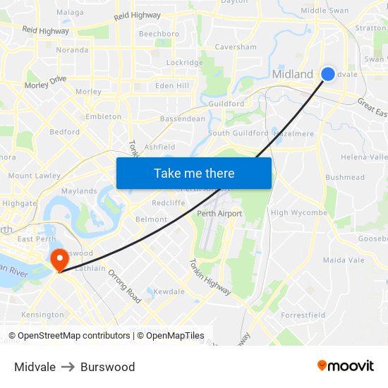 Midvale to Burswood map