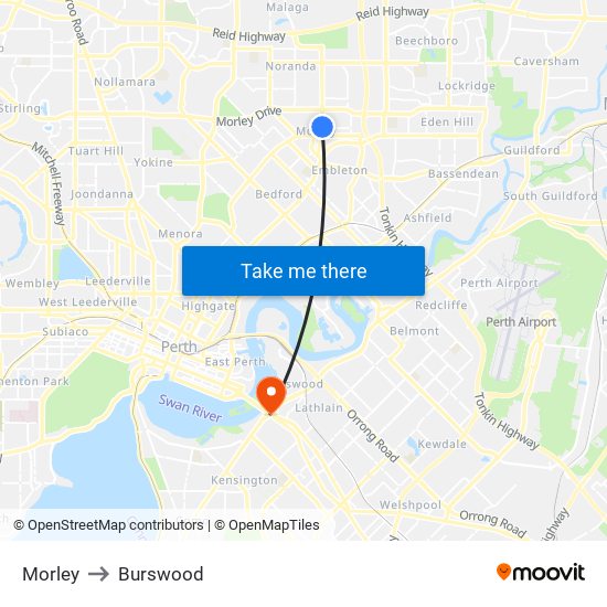 Morley to Burswood map