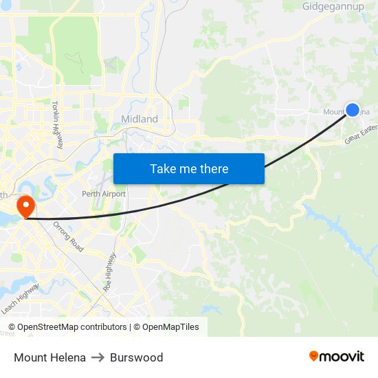 Mount Helena to Burswood map