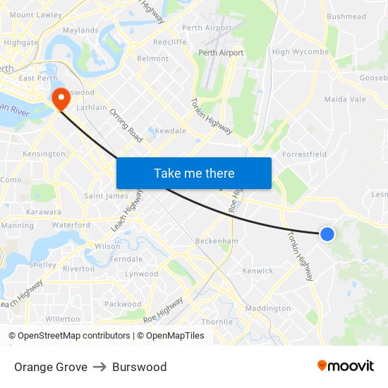 Orange Grove to Burswood map
