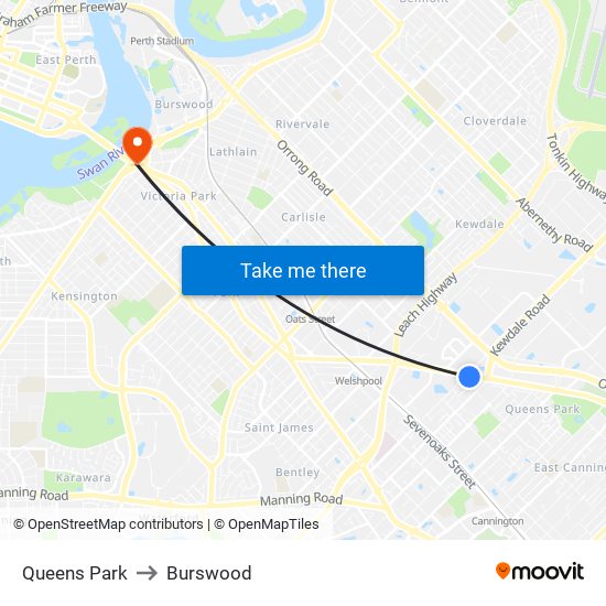 Queens Park to Burswood map