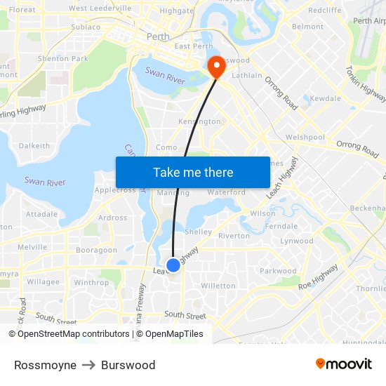 Rossmoyne to Burswood map