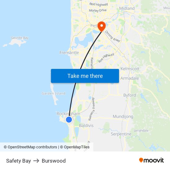 Safety Bay to Burswood map