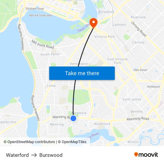 Waterford to Burswood map