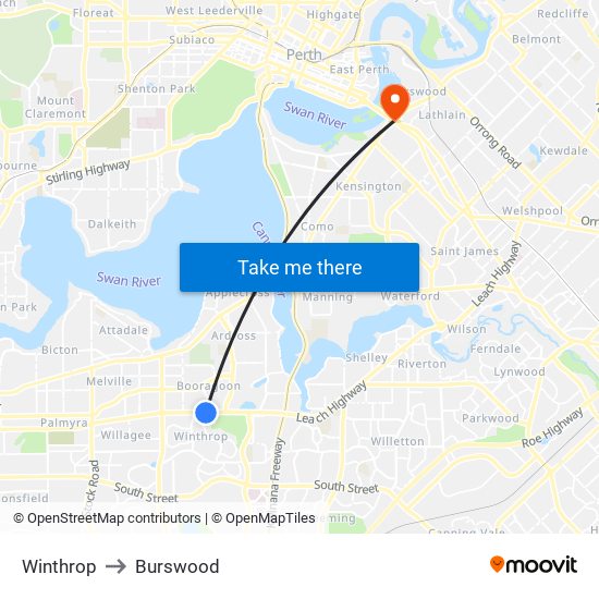 Winthrop to Burswood map