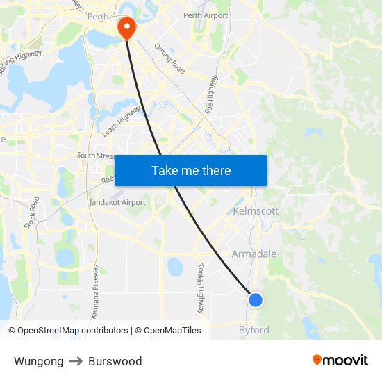 Wungong to Burswood map