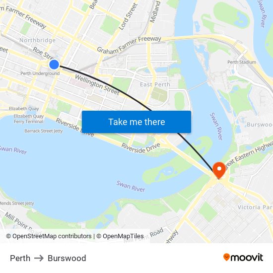 Perth to Burswood map