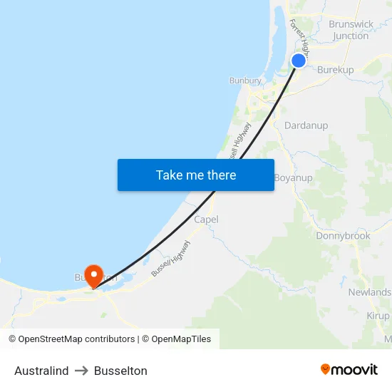 Australind to Busselton map