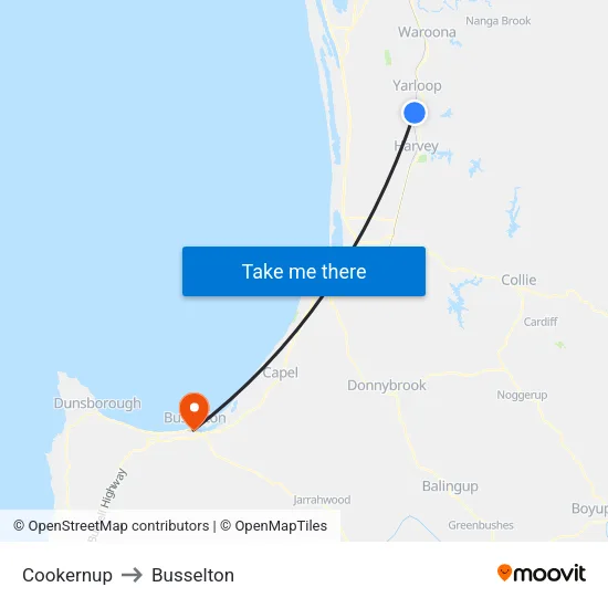 Cookernup to Busselton map