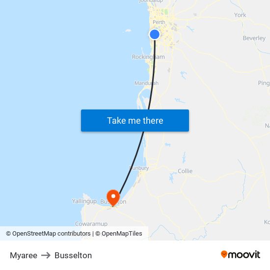 Myaree to Busselton map