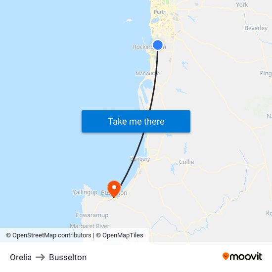 Orelia to Busselton map