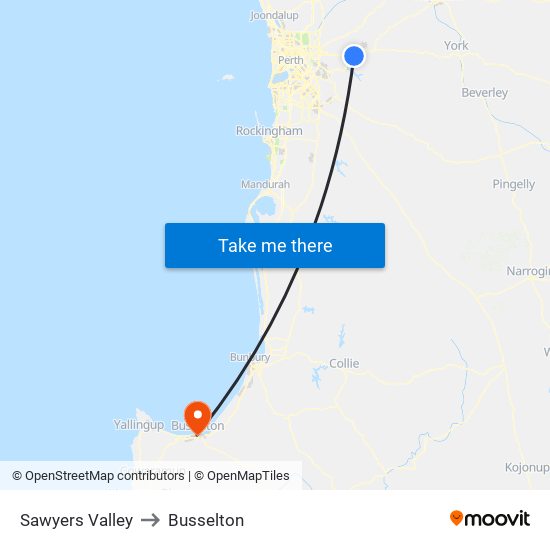 Sawyers Valley to Busselton map