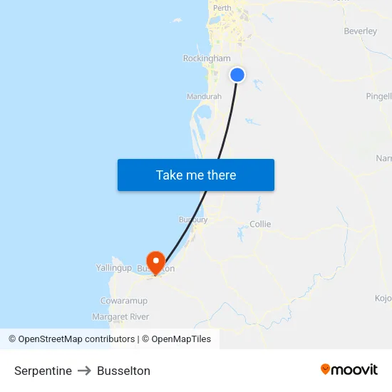 Serpentine to Busselton map