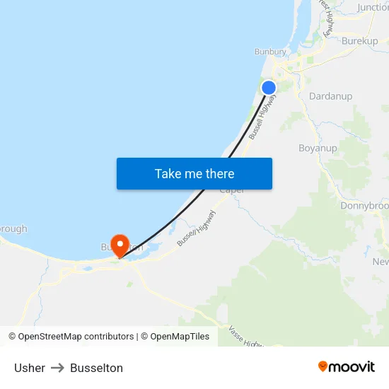 Usher to Busselton map