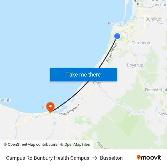 Campus Rd Bunbury Health Campus to Busselton map