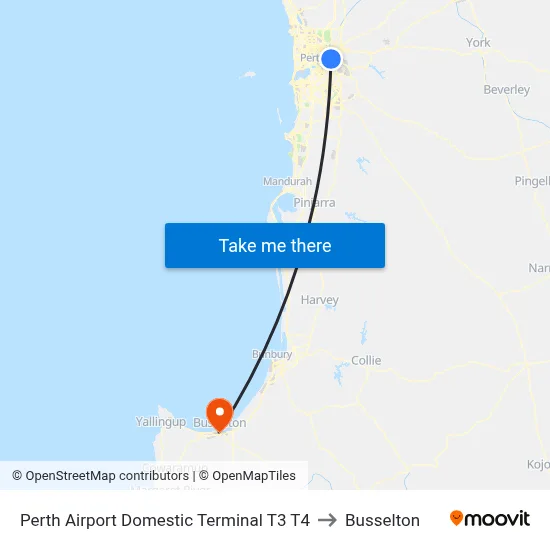 Perth Airport Domestic Terminal T3 T4 to Busselton map