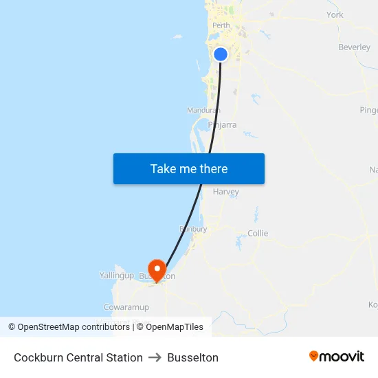 Cockburn Central Station to Busselton map