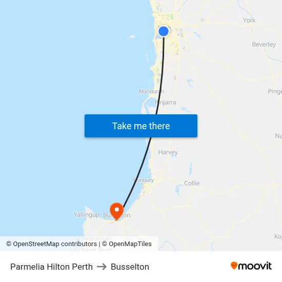 Parmelia Hilton Perth to Busselton map
