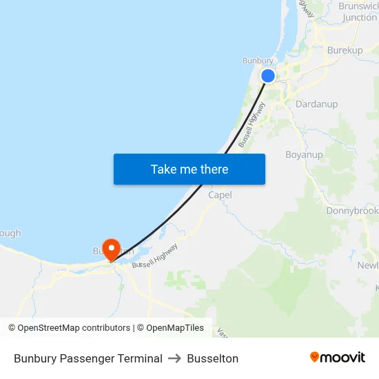 Bunbury Passenger Terminal to Busselton map