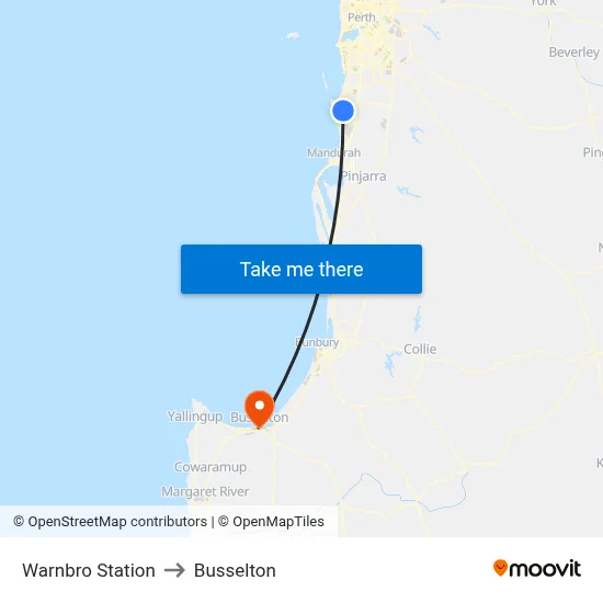 Warnbro Station to Busselton map