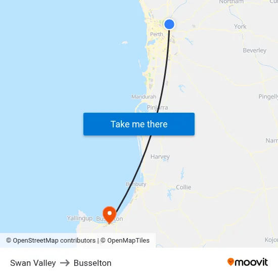 Swan Valley to Busselton map