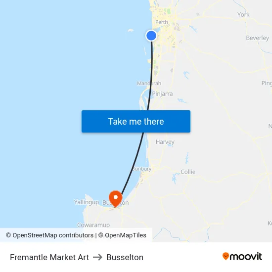 Fremantle Market Art to Busselton map