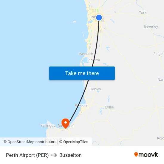 Perth Airport (PER) to Busselton map