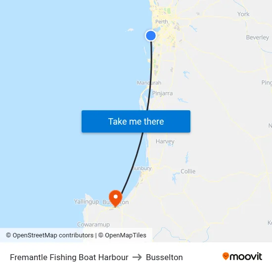 Fremantle Fishing Boat Harbour to Busselton map