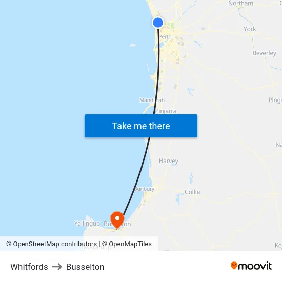 Whitfords to Busselton map