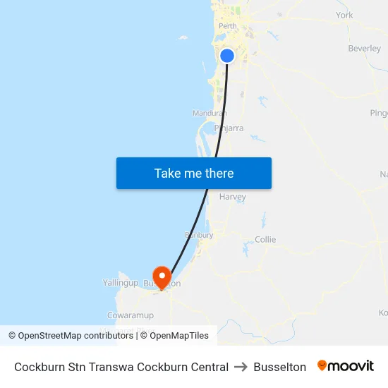 Cockburn Stn Transwa Cockburn Central to Busselton map