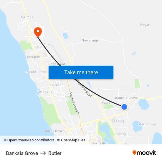 Banksia Grove to Butler map