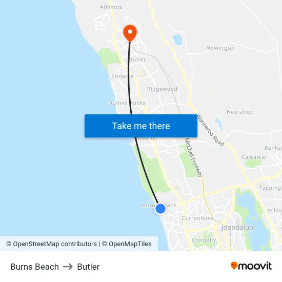 Burns Beach to Butler map