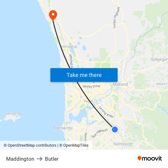 Maddington to Butler map