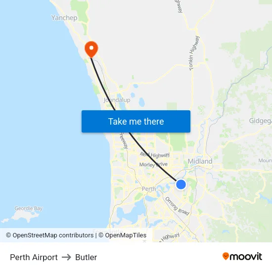 Perth Airport to Butler map