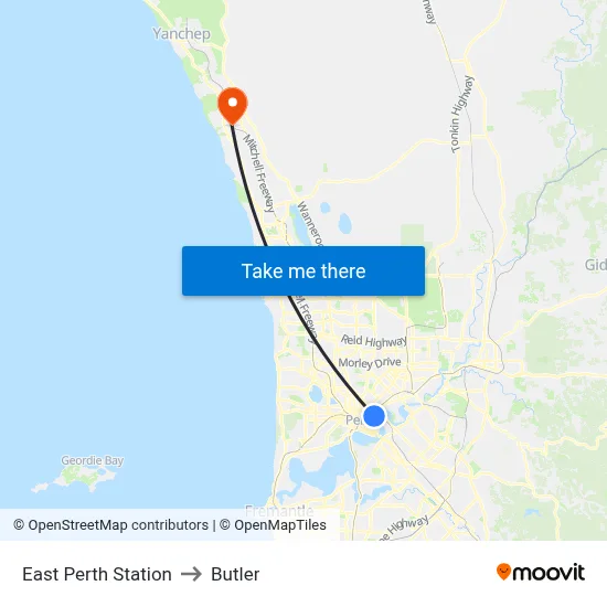 East Perth Station to Butler map